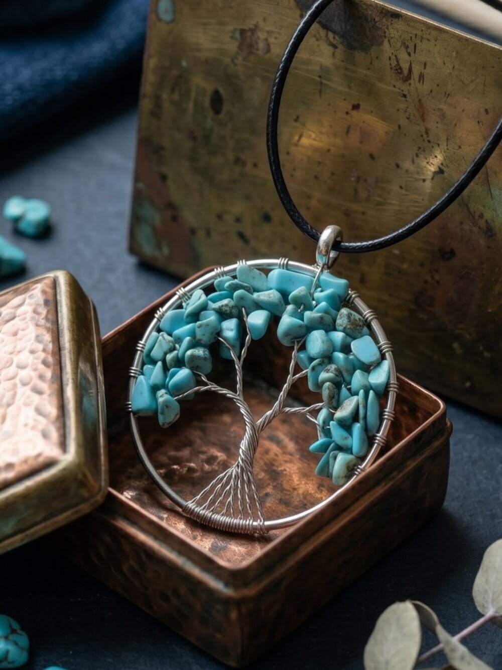 Genuine Turquoise Tree of Life Wire Wrapped Pendant Necklace Boho Statement 20"